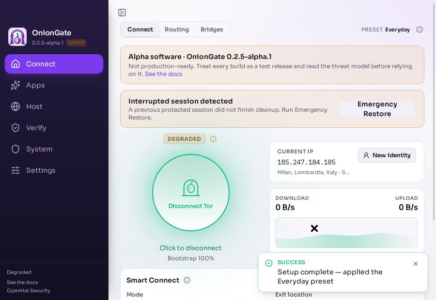 OnionGate Connect screen: connected to Tor at 100% bootstrap, current exit IP, and live throughput